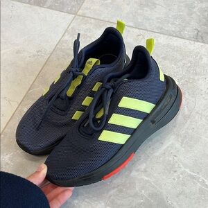 Adidas Cloudfoam Kids' Navy and Neon Green Sneakers - Size 3